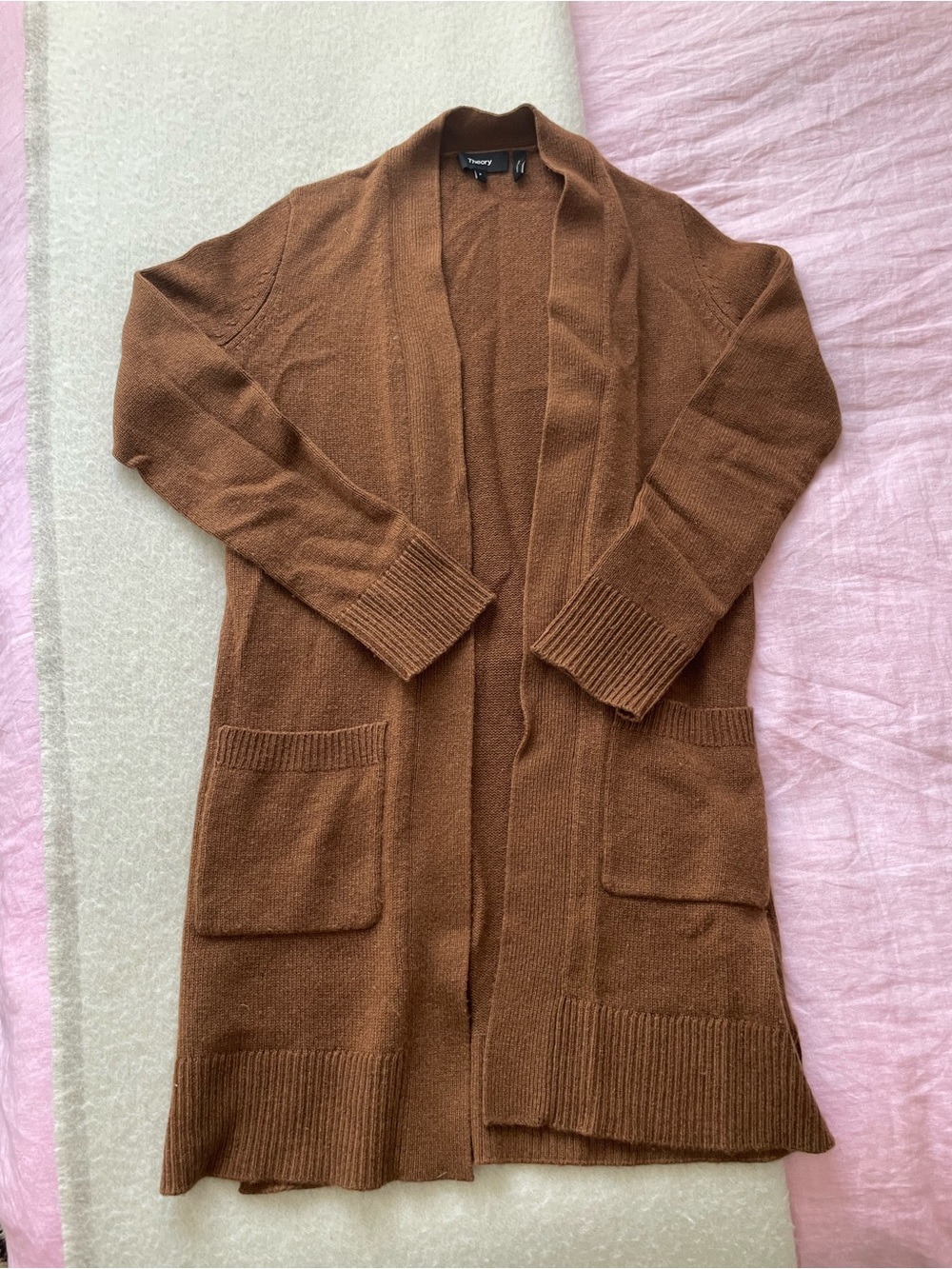 Theory Cashmere Long Open-Front Cardigan in Chestnut Brown